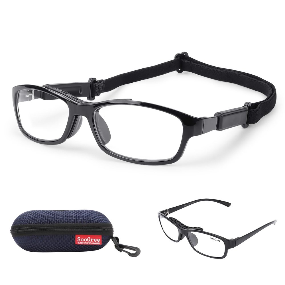 Sports Goggles Glasses Football Soccer Safety Glasses,Anti Shock Collision Explosionproof Goggles with Adjustable Strap Interchangeable Temples for Men Youth Outdoor Sports (Black frame black pad)