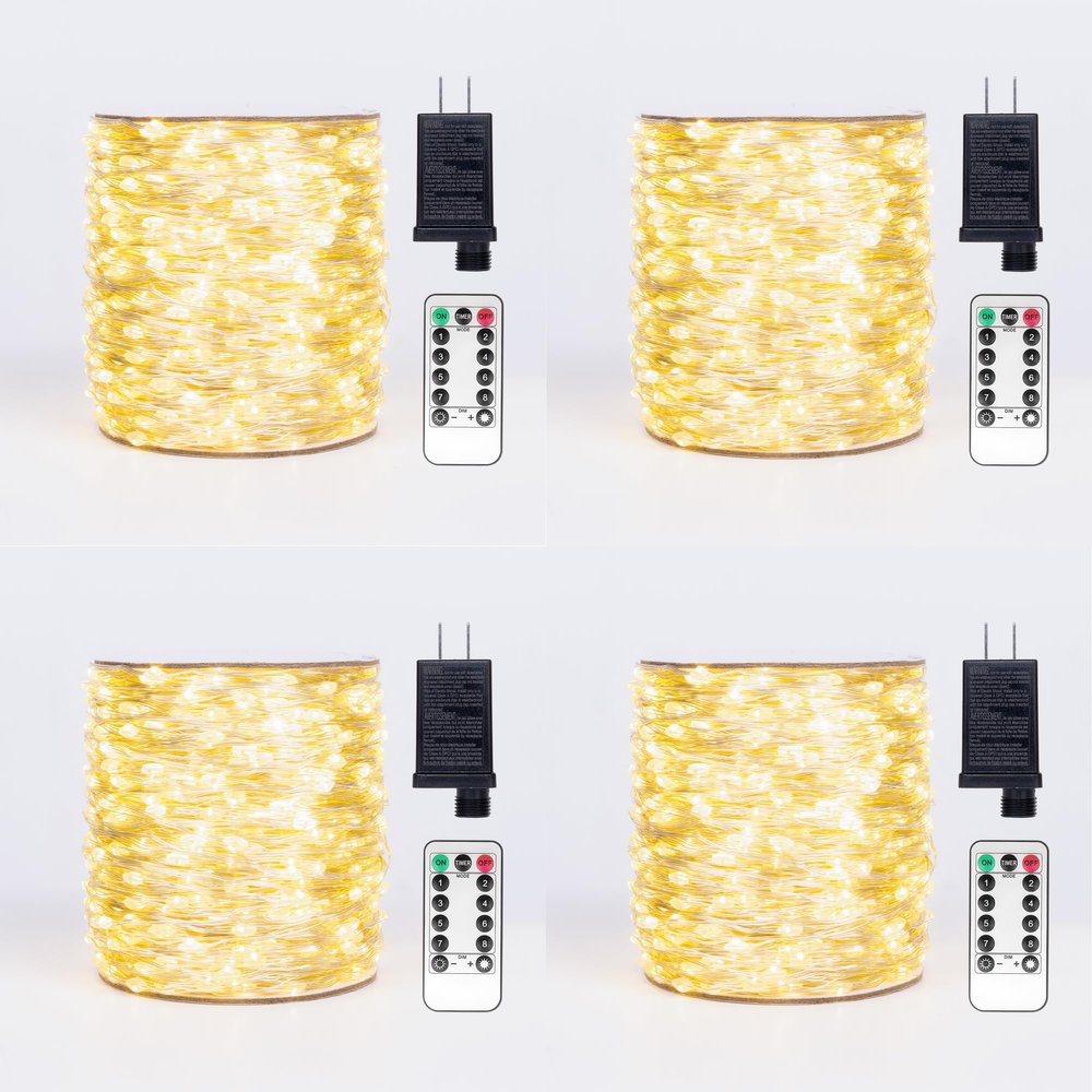 ZELUXDOT Fairy Lights Plug in,4Pack 100FT 300LEDs Waterproof Led String Lights,8Modes Remote Twinkle Light for Outdoor Indoor Christmas Wedding Birthday Garden Party Decorations,Silver Wire,Warm White