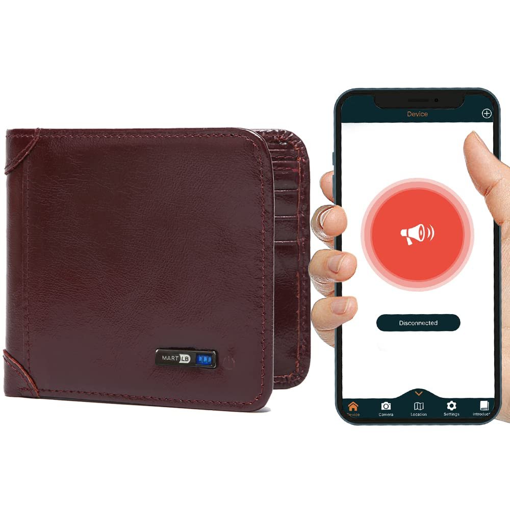 Men Wallet with Tracker Work with iOS&Android, Wallet Tracker with Bifold Genuine Leather Wallet 8 Card &1 ID Windows & 2 Cash Slot&Coin Pocket (RED)
