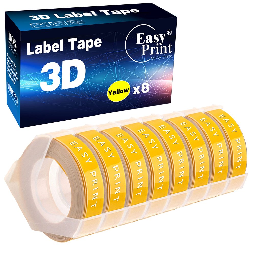 EASYPRINT (8X Yellow, 8-Pack) Compatible Embossing Tape Self-Adhesive Replacement for Embossing Tape for Dymo Embossing Label Maker Organizer Xpress, White on Red, 3/8 in x 9.8 ft