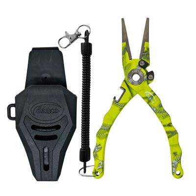 Gambler danco Duffy 7.5-inch Fishing Needle Nose Pliers with Line Cutters, Aircraft Grade Aluminum Fishing Gear, Saltwater Resistant Fishing Tools, Rubberized Pain (Chartreuse Fish Skeleton)