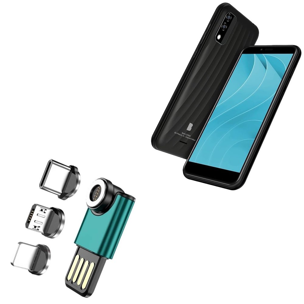 BoxWave Cable Compatible with BLU C5 Max - MagnetoSync mini Adapter, Magnet Charging Cable USB Type-C Micro USB - Teal