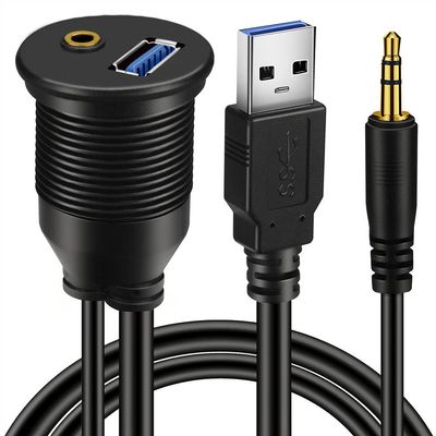 BATIGE 2 Pack USB 3.0 & 3.5mm Car Mount Flush Cable 3.5mm + USB3.0 AUX Extension Dash Panel Waterproof Mount Cable for Car Boat and Motorcycle - 3ft