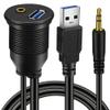 BATIGE 2 Pack USB 3.0 & 3.5mm Car Mount Flush Cable 3.5mm + USB3.0 AUX Extension Dash Panel Waterproof Mount Cable for Car Boat and Motorcycle - 3ft view 1