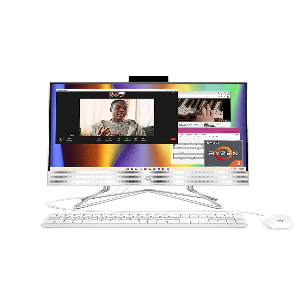 HP 22-dd0032 All-in-One PC Desk Computer, 21.5" Full HD Micro-Edge Display, AMD Ryzen 3 Processor, AMD Radeon Graphics, 8 GB SDRAM, 256 GB SSD, Windows11 Home OS, MU-MIMO, Bluetooth, and Wi-Fi (2022)