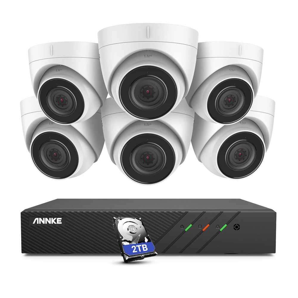 ANNKE 8CH Turret PoE Security Camera System with 6MP H.265+ NVR, 6 X 5MP Outdoor IP Camera, Audio Recording, 100ft EXIR 2.0 Night Vision, IP67 Weatherproof, 24/7 Video Surveillance (2TB HDD)