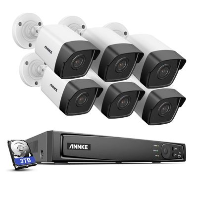 ANNKE H800 8CH Bullet IP Security Camera System with 8MP H.265+ NVR, 6 X 5MP Outdoor CCTV Camera, Audio Recording, 100ft EXIR 2.0 Night Vision, IP67 Weatherproof, 24/7 Video Surveillance (3TB HDD)