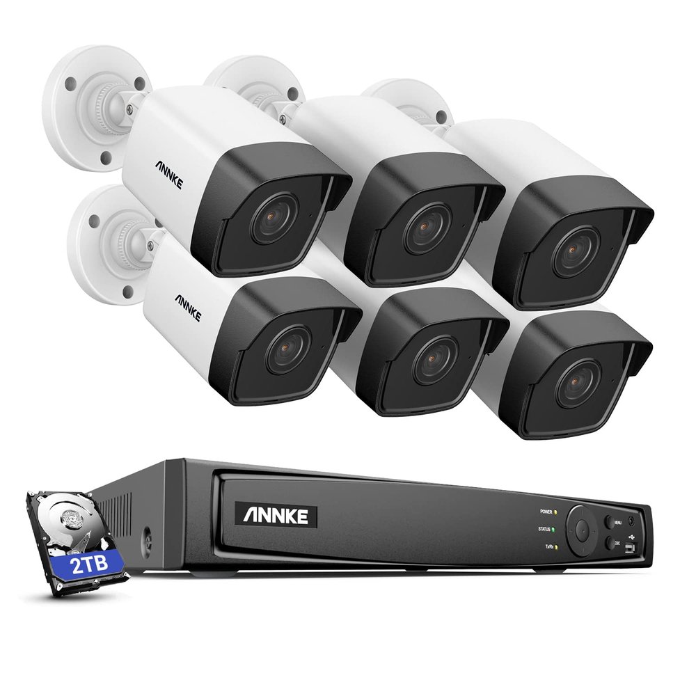 ANNKE H800 8CH Bullet IP Security Camera System with 8MP H.265+ NVR, 6 X 5MP Outdoor CCTV Camera, Audio Recording, 100ft EXIR 2.0 Night Vision, IP67 Weatherproof, 24/7 Video Surveillance (2TB HDD)