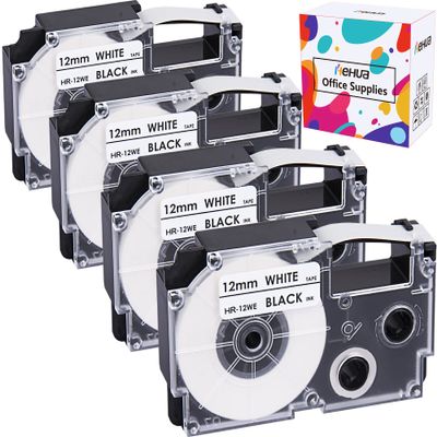 4 Pack Hehua Compatible XR-12WE2S 12mm Labeling Tapes Replace for Casio Label It Tape Cartridge 12mm Black on White XR-12WE XR12WE for EZ Label Printers KL-60 KL-100 KL-120 KL-430 KL-750 KL-780 KL-820