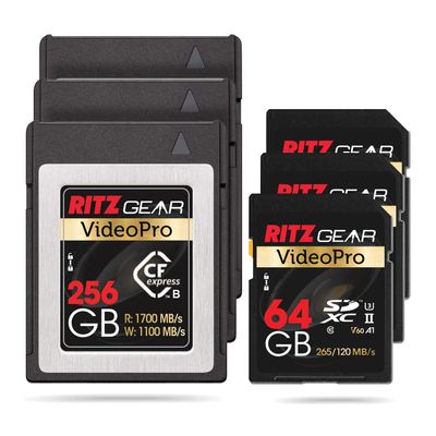 RITZ GEAR VideoPro CFExpress Type B 256GB Card (1700/1100 R/W) (Not Recommended for Nikon Cameras). + UHS-II 64GB SDXC Memory Card U3 V60 A1(Pack of 3 Units)