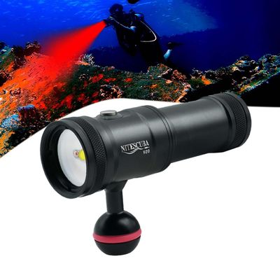 Dive Video Light 2000 Lumen Dive Photography Camera Light for gopro Dive LED Flashlight lamp, 100M/330FT Underwater Flood Light with White Beam red Beam Battery Rechargeable Torch NiteScuba V20