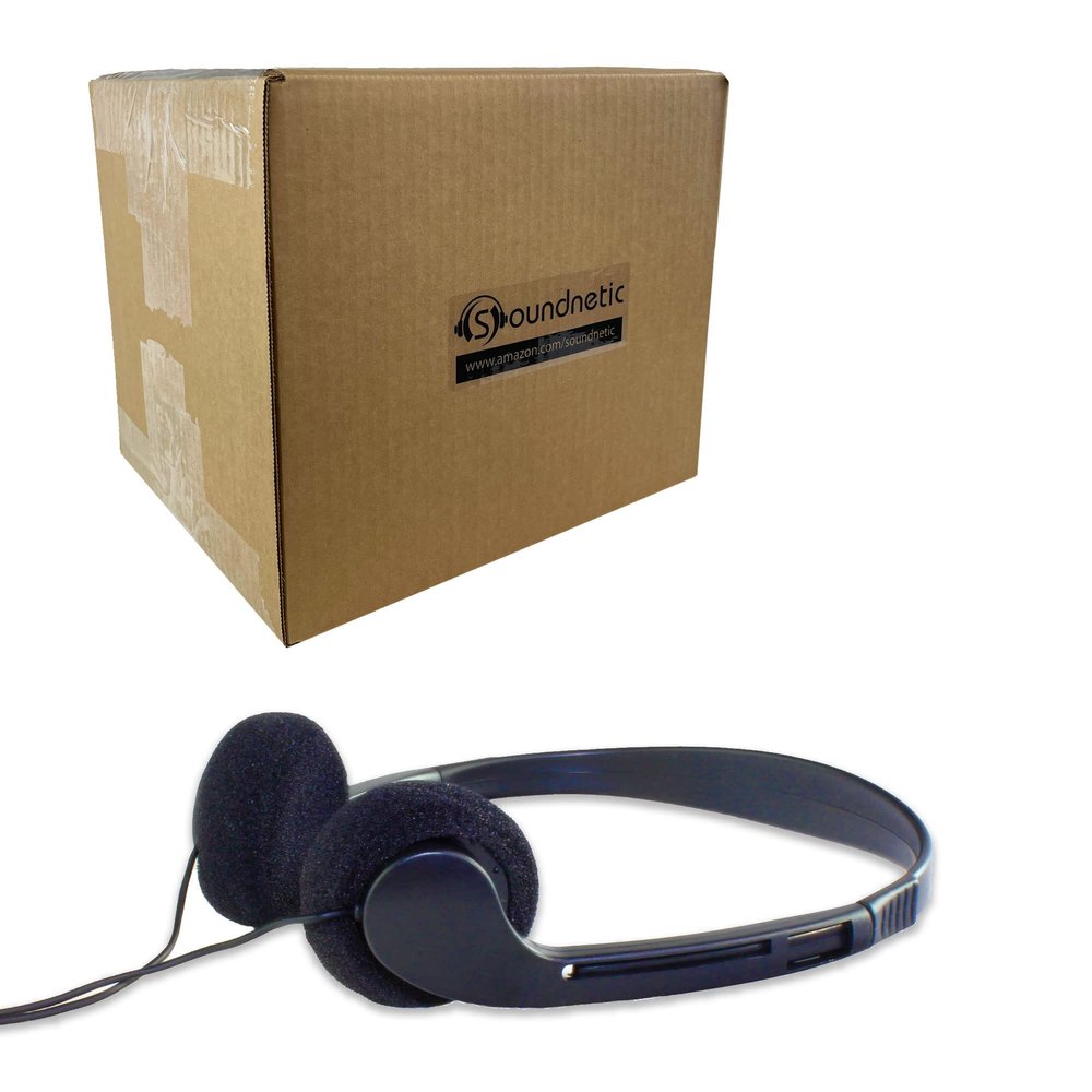 Soundnetic SN09 Bulk Headphones 100 Pack  Disposable Stereo Classroom Headphones, Black  Affordable for Schools, Testing, Libraries