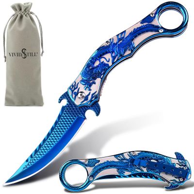 Vividstill Pocket Knife for Men, Cool Folding Knife With 3D Blue Dragon Relief, Great Gift Edc Knife For Men Outdoor Survival Camping Hiking