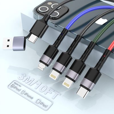 10 Ft USB C Multi Fast Charging Cable Universal USB Cellphone Cables 4 in 1 Charging Cord with Lightning*2+Type C+Micro USB Nylon Braided Charger Cord Adapter for Apple iOS iPhone/Android/Samsung
