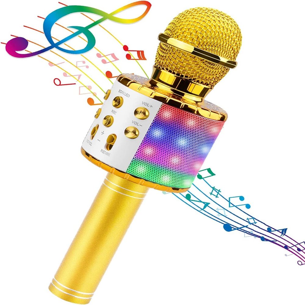 JUGTL Wireless Bluetooth Microphone Mobile Phone K Song Treasure Microphone Speaker Integrated Home Wireless Capacitor Microphone (Gold)
