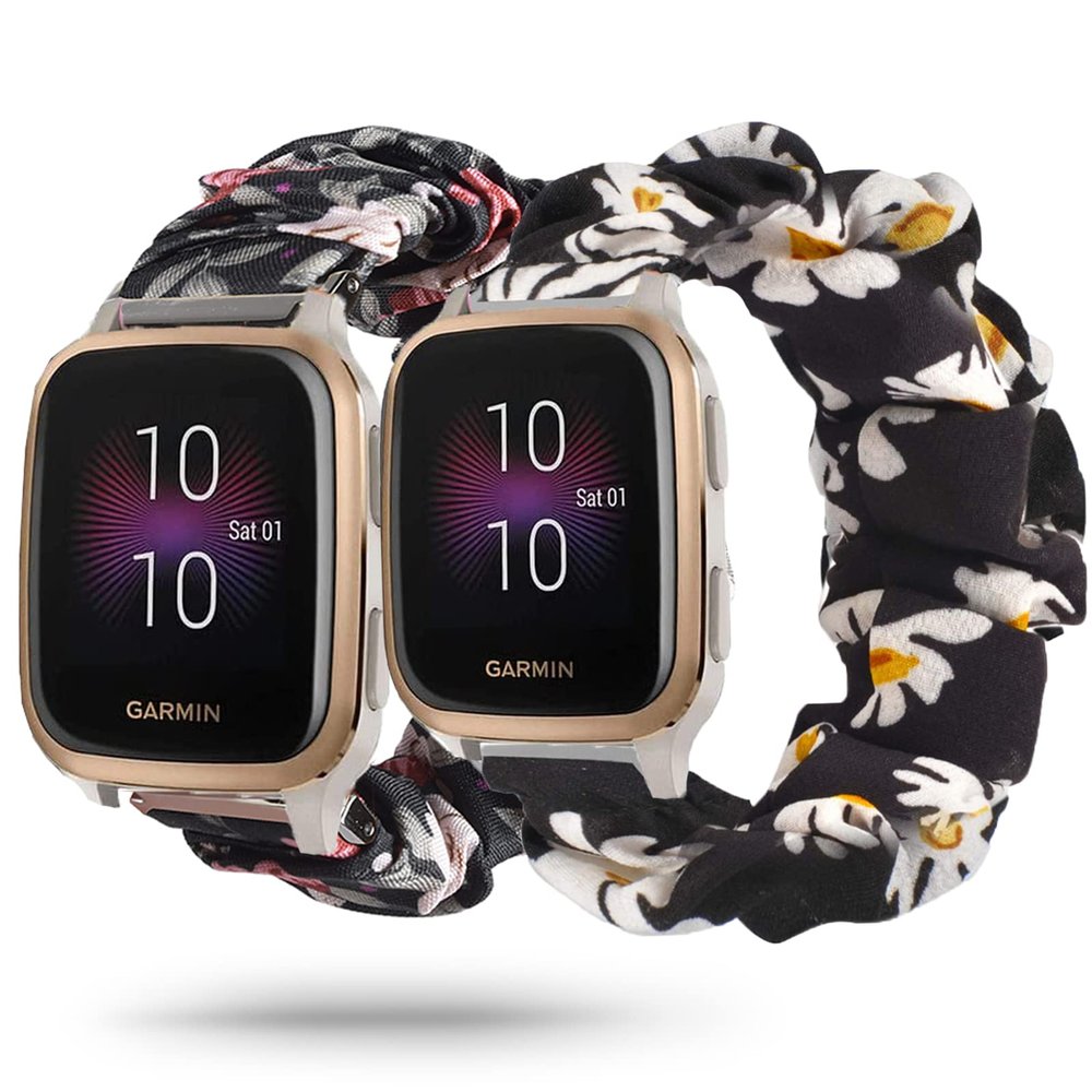 2 Packs Compatible with Garmin VenuVivoactive 3Venu SqGalaxy Active 4 40mm 44mmForerunner 245645 Bands for Women Girl, Scrunchies Soft Pattern Wristband Bracelet Elastic Straps for 20MM Watch