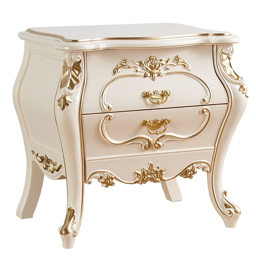 TOMYEUS Bedroom Nightstands White Bedside Tables with 2 Wood Drawers, Plastic Steel Frame Storage Cabinet Beautifully Carved Modern Style Nightstand for Bedroom 23.6" H Beside Table for Living Room