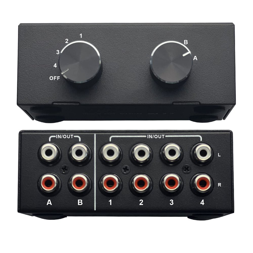 4-Port Bi-Directional RCA Audio Switcher, 4-Way Stereo L/R Sound Channel 2 in 4 Out or 4 in 2 Out, L/R Sound Channel Audio Switch Splitter RCA Stereo Switch Selector for DVD Stereo Speaker CD Player