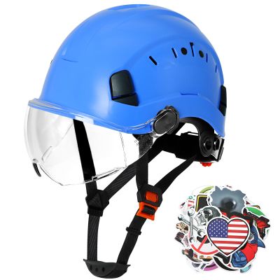 AOLAMEGS Construction Blue Hard Hats - Adjustable Vented Hard Hat with Visor for Men Women ABS Safety Helmet 6-Point Suspension Work Safety Helmet for Outdoor Height Industrial (with Clear Visor)