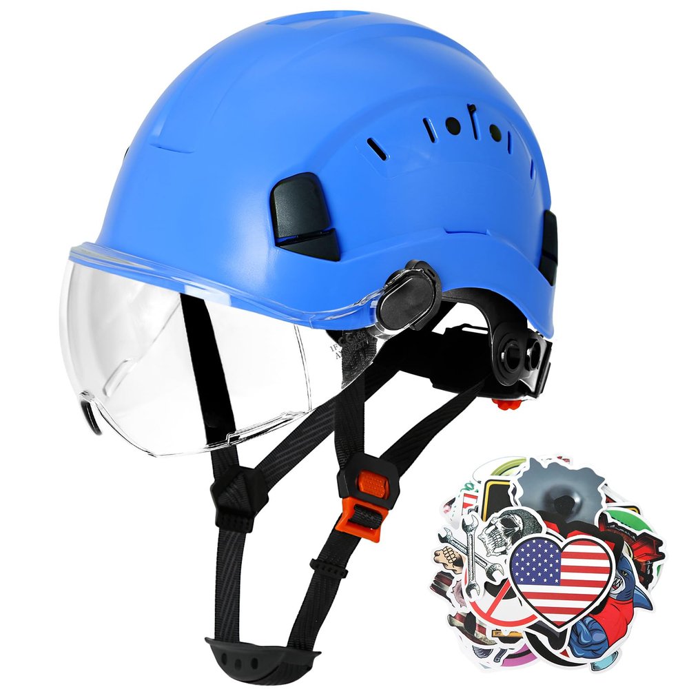 AOLAMEGS Construction Blue Hard Hats - Adjustable Vented Hard Hat with Visor for Men Women ABS Safety Helmet 6-Point Suspension Work Safety Helmet for Outdoor Height Industrial (with Clear Visor)