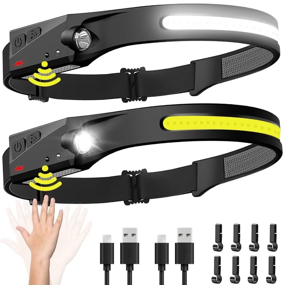 Headlamp Rechargeable 2PCS, 230 Wide Beam Head Lamp LED with Motion Sensor for Adults - Camping Accessories Gear, Waterproof Head Light Flashlight for Hiking, Running, Repairing, Fishing, Cycling