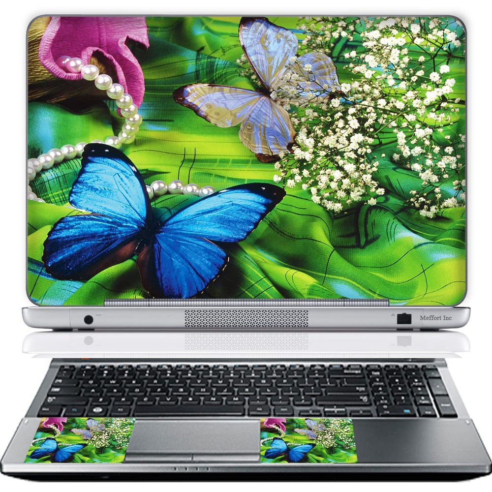 11.6 12 Inch Laptop Skin Sticker Cover Premium Sticker Cover Art Decal Decorative (Included 2 Wrist Pad Skins) - Green Blue Butterfly