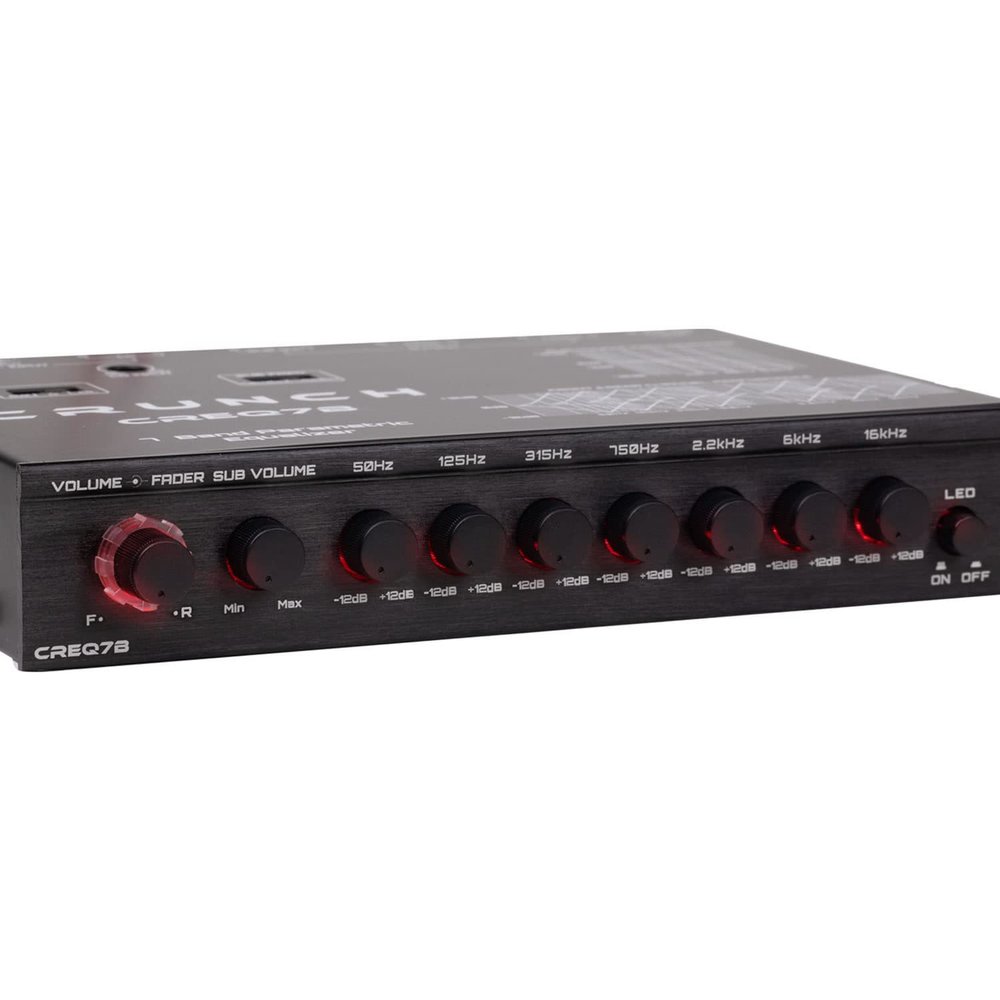 Crunch CREQ7B 7-Band Car Audio Parametric Equalizer with 9-Volt Line Driver, Subwoofer Control, and Dual Aux Inputs, DIN ISO Mount