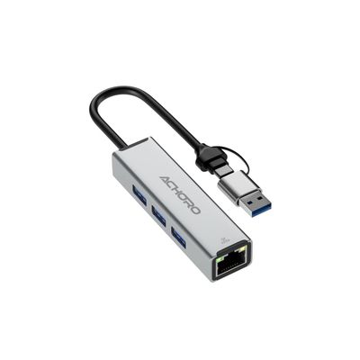 ACHORO USB Port Expender with LAN - Built in USB A & USB C to USB Port Ethernet Port Adapter - Multiple USB Port for PC, Mac - Aluminium Alloy Extra 3 USB Ports with RJ45 USB Hub (LAN & USB Ports)