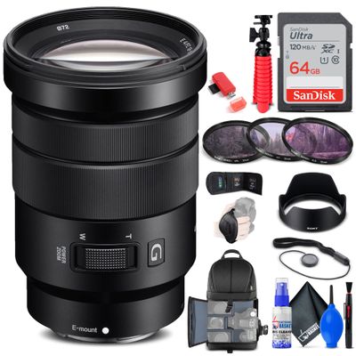 Sony E PZ 18-105mm f/4 G OSS Lens (SELP18105G) + Filter Kit + Backpack + 64GB Card + Card Reader + Flex Tripod + Memory Wallet + Lens Cap Keeper + Cleaning Kit + Hand Strap + More (Renewed)