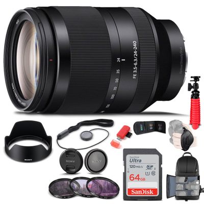 Sony FE 24-240mm f/3.5-6.3 OSS Lens (SEL24240) + Filter Kit + Backpack + 64GB Card + Card Reader + Flex Tripod + Memory Wallet + Lens Cap Keeper + Cleaning Kit + Hand Strap + More (Renewed)