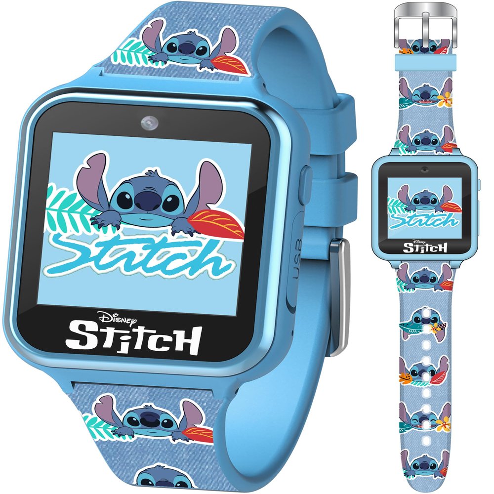 Disney Stitch Kids Smart Watch with 10 Customizable Faces, Camera, Voice Recorder, Calculator, and Step Counter  Touchscreen Interactive Watch for Kids  Blue Silicone Strap