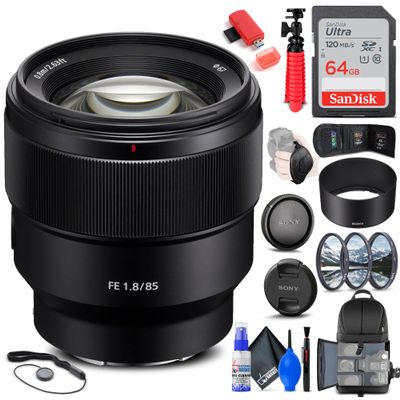 Sony FE 85mm f/1.8 Lens (SEL85F18/2) + Filter Kit + Backpack + 64GB Card + Card Reader + Flex Tripod + Memory Wallet + Lens Cap Keeper + Cleaning Kit + Hand Strap + More (Renewed)