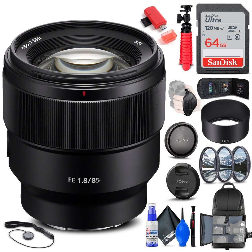 Sony FE 85mm f/1.8 Lens (SEL85F18/2) + Filter Kit + Backpack + 64GB Card + Card Reader + Flex Tripod + Memory Wallet + Lens Cap Keeper + Cleaning Kit + Hand Strap + More (Renewed)