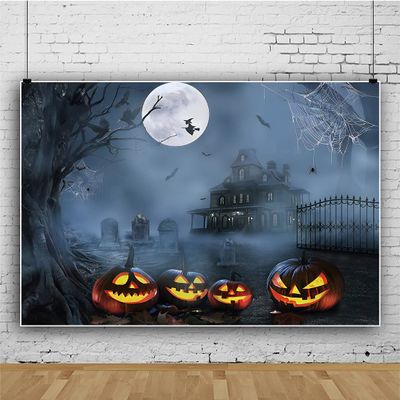 10x8ft Halloween Backdrop for Photography Horror Moon Night Backdrop Scary Cemetery Forest Pumpkin Lamps Bat Spider Web Decoration for Studio Props Photo Backdrop (Retro Grey)