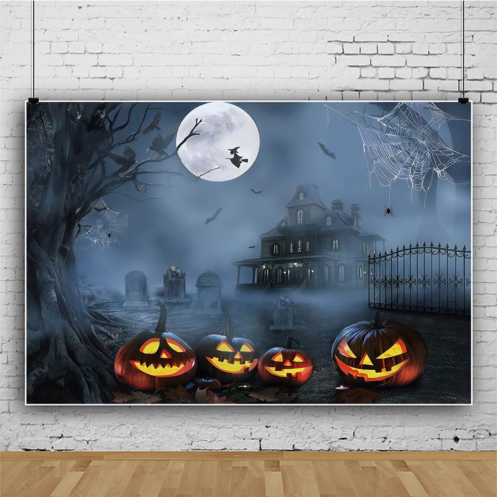 10x8ft Halloween Backdrop for Photography Horror Moon Night Backdrop Scary Cemetery Forest Pumpkin Lamps Bat Spider Web Decoration for Studio Props Photo Backdrop (Retro Grey)