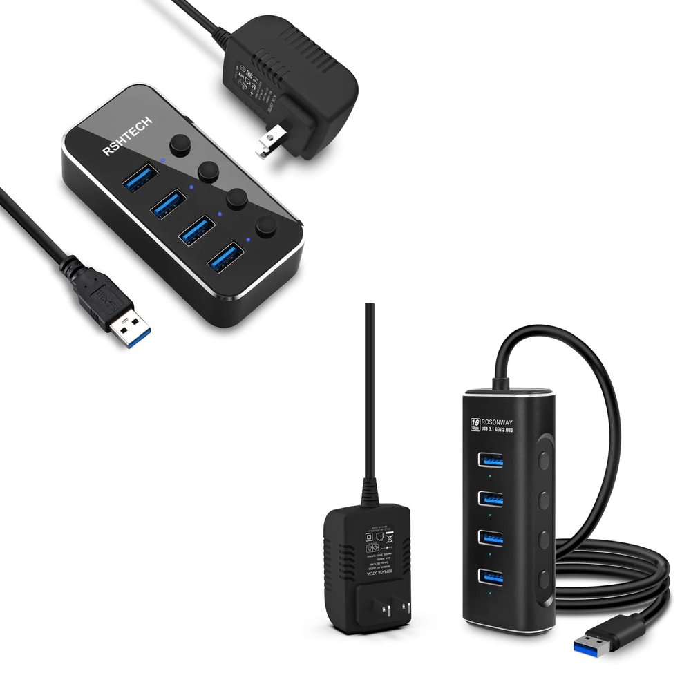 RSHTECH 4 Port Powered USB 3.0 Hub with 5V Adapter + ROSONWAY 4 Ports USB 3.1 Gen 2 Hub 10Gbps with 5V Power Adapter