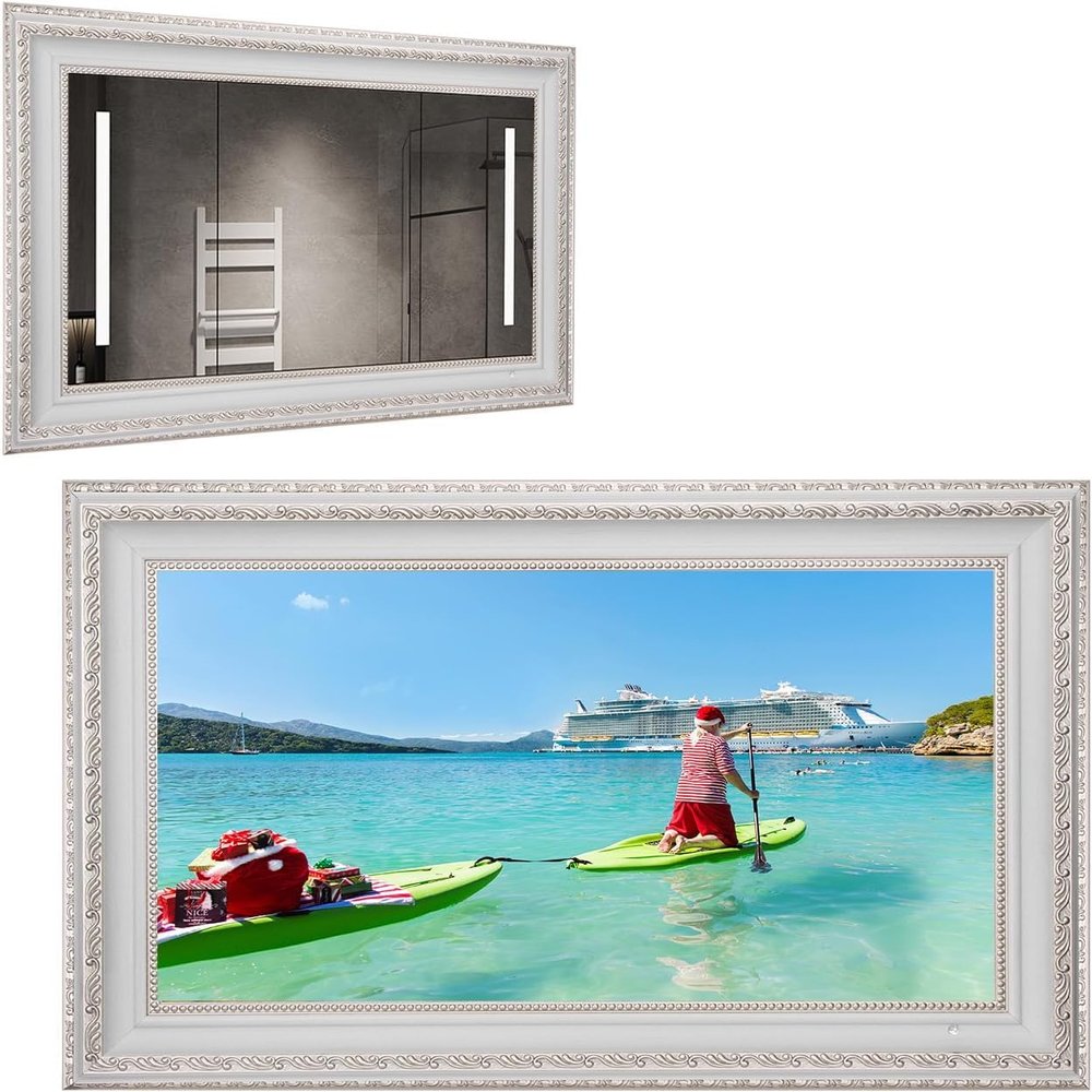 elecsung 22inch Mirror Smart TV for Bathroom 1080P WebOS (ATSC Tuner) with Antique Deco Frames,2025 Model(22", TV with Ivory Frame)