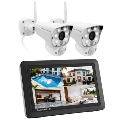 CasaCam Deluxe Wireless Security Camera System | 2 1080p Floodlight Cameras and one 7" Touchscreen Monitor | AC Powered, Two-Way Audio, Free APP, 32GB SD Card and Battery Installed, Model VS5002