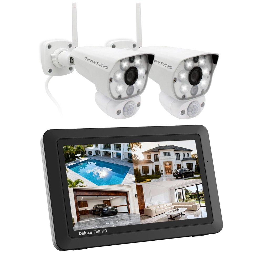 CasaCam Deluxe Wireless Security Camera System | 2 1080p Floodlight Cameras and one 7" Touchscreen Monitor | AC Powered, Two-Way Audio, Free APP, 32GB SD Card and Battery Installed, Model VS5002
