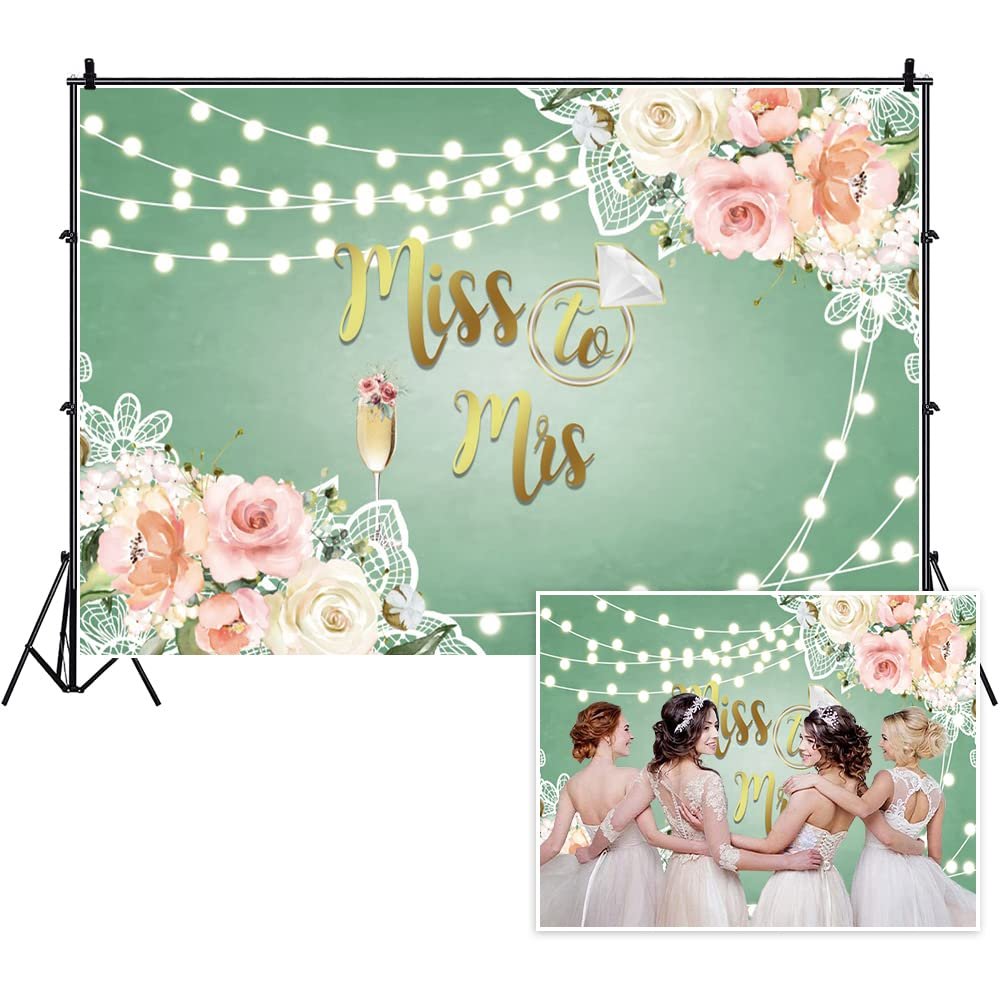 Yeele 8x6ft Miss to Mrs Bridal Shower Backdrop for Couples Wedding Pink Floral Champagne Diamond Ring String Lights Green Photography Background for Engagement Ceremony Party Decoration Supplies