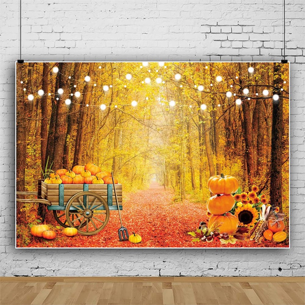 10x8ft Fall Forest Scenery Photography Backdrop Autumn Maple Leaves Pumpkin Sunflower Friendsgiving Background Autumn Thanksgiving Natural Scenery Landscape Leaves Festival Party Decor Banner