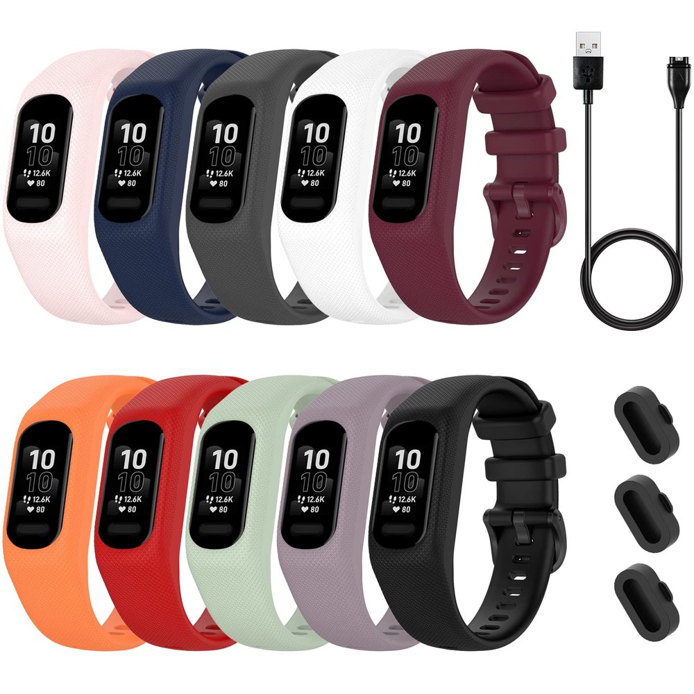 Lijinlan 10 Pack Replacement Bands Compatible with Garmin Vivosmart 5, Soft Silicone Sport Fitness Strap for Vivosmart5 Wristband with Charging Cable Dust Plug Women Men (Large, 10-Pack)