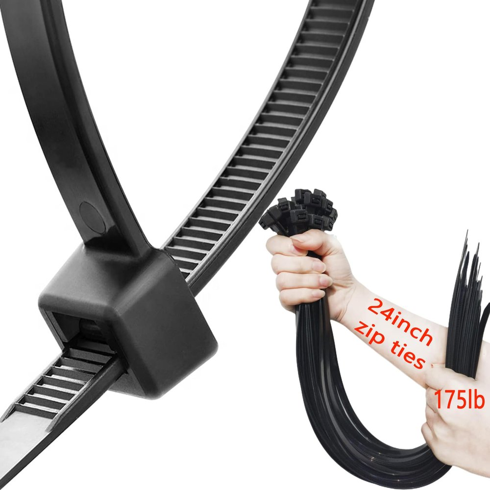Black Zip Ties Heavy Duty 24 Inch Outdoor, 175lb Extra Large Cable Tie Wraps Long Plastic Wire Ties Wide Big Strong Thick Zipties 50 Pack