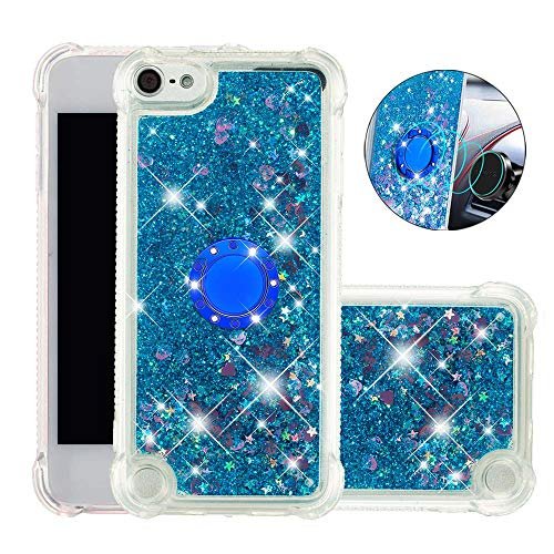 nincyee Shockproof Case for iPod Touch 7,Glitter Bling Shine Diamond Heart Rainbow Quicksand Transparent TPU Shell with Rotating Finger Ring Kickstand