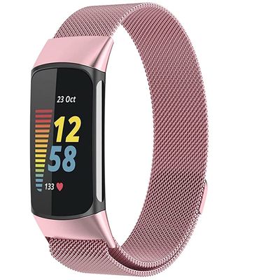Metal Mesh Loop Bands for Fitbit Charge 5/Charge 6 Band for Women Men, Adjustable Stainless Steel Wristbands Replacement Straps for Charge 5/6 Activity TrackerRose Pink-S