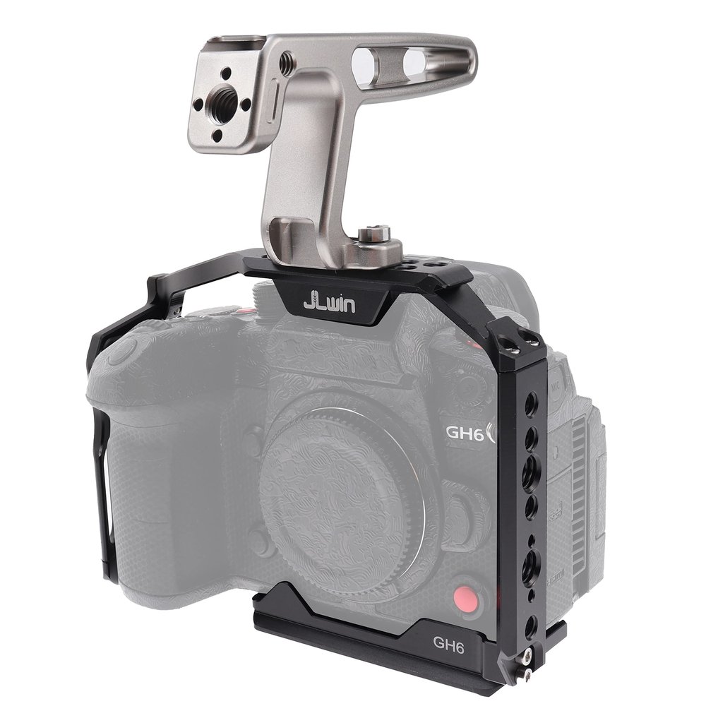 GH6 Cage with Top Handle, Hersmay Aluminum Alloy Full Camera Cage for Panasonic LUMIX GH6 Camera with 1/4'' Screw Top Handle, Camera Cage with NATO Rail, Cold Shoe Mount, Locating Hole for ARRI