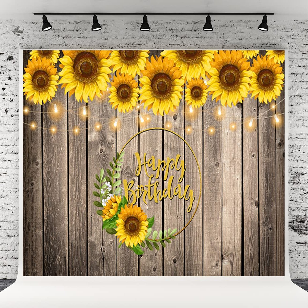 10x6.5ft Sunflowers Wooden Wall Happy Birthday Photography Backdrops Baby Shower Bridal Show Photo Background Wrinkle Free Backdrop