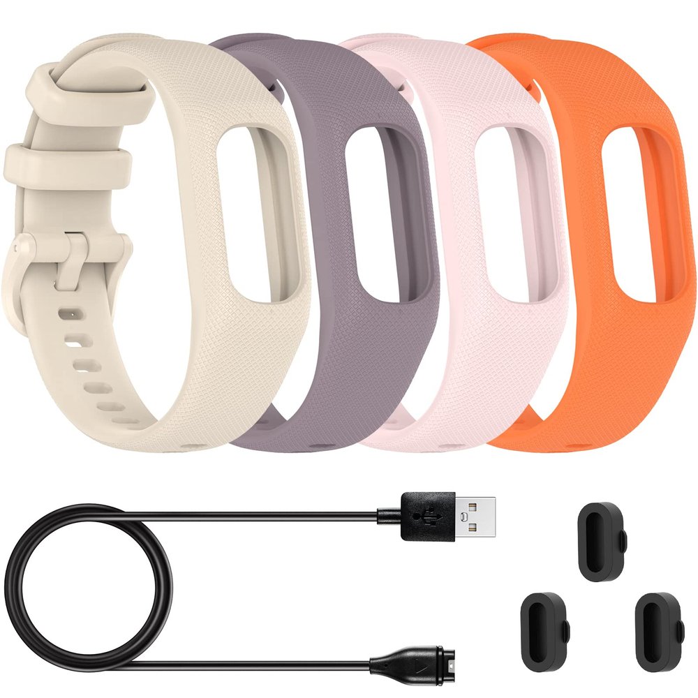 Lijinlan Replacement Band Fit for Garmin Vivosmart 5 Women Men, Soft Silicone Sport Fitness Strap for Vivosmart5 Wristband with Charging Cable Dust Plug Accessories (Small, Beige Purple Pink Orange)