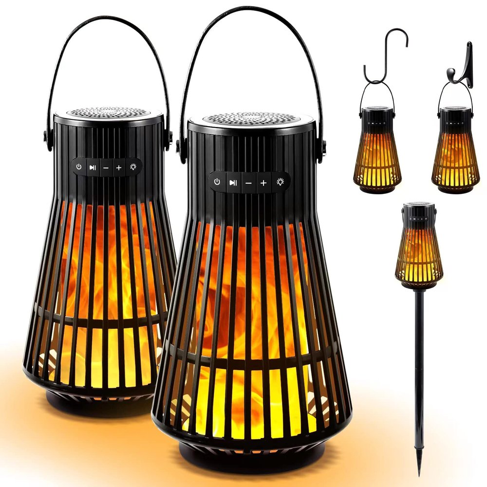 Outdoor Bluetooth Flame Speaker, Tesoorda LED Flickering Flame Effect Speaker with Torch Light, Portable Waterproof Wireless Speaker with Wall Mounted Hook&S Hook&Stake for Camping, Deck, Patio, 2Pack