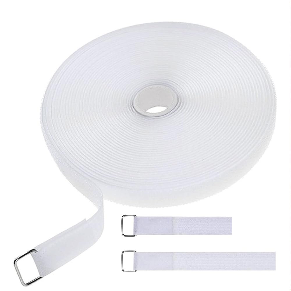 Amsthow Cinch Cable Straps Nylon Straps 39ft White 1 inch Wide Hook and Loop Roll With 50Pcs Metal Buckles Long Adjustable Management Cords Organized Cable Ties